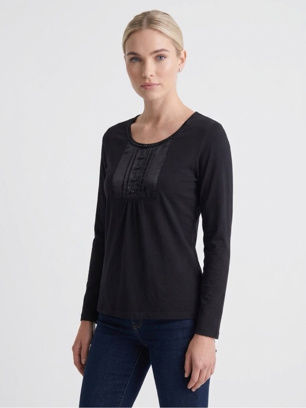 Classic Elements Black Long-Sleeve Top with Satin Yoke and Covered Buttons